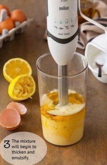 Самый простой в приготовлении Домашний вкуснейший майонез Нужно:2 яйца3 столовых ложки лимонного сока1 чайная ложка дижонской горчицы1/2 чайной ложки солиперец по вкусу1,25 стакана оливкового